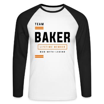 Team Baker Lifetime Member Funny Name Baker - Unisex Long Sleeve Baseball T-Shirt - white/black - Front - Nik (191cm)