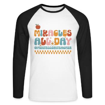 Prof Montessori par laquelle je me lève - T-shirt baseball manches longues Homme - blanc/noir - Devant - Nik (191cm)