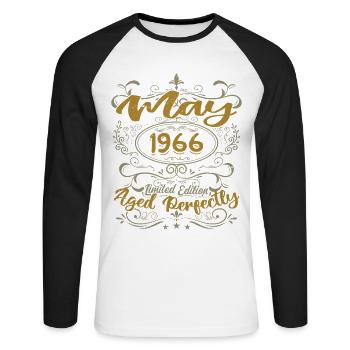 Geboren im Mai 1966 Geburtstag Mai 1966 Geburtstag Mai 1966 - Unisex Baseballshirt langarm - Weiß/Schwarz - Vorne - Nik (191cm)
