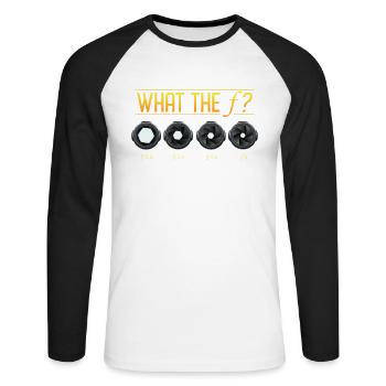 Qu'est-ce que le f? Photographe, ouverture - T-shirt baseball manches longues Homme - blanc/noir - Devant - Nik (191cm)