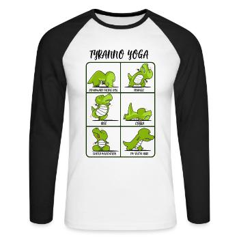 TRex Yoga for Women & Men | Namaste Om Dinosaur Light - Unisex Long Sleeve Baseball T-Shirt - white/black - Front - Nik (191cm)