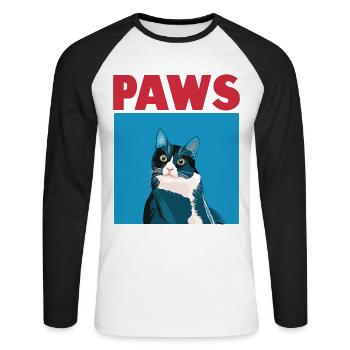 PAWS Funny Kitten Movie T-Shirt - Unisex Long Sleeve Baseball T-Shirt - white/black - Front - Nik (191cm)