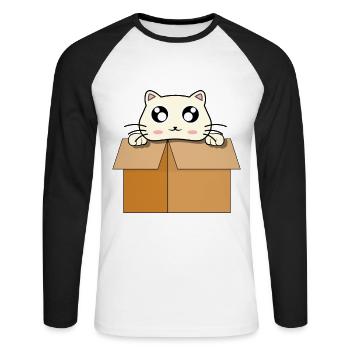 Chat mignon rigolo en boîte de carton - T-shirt baseball manches longues Homme - blanc/noir - Devant - Nik (191cm)