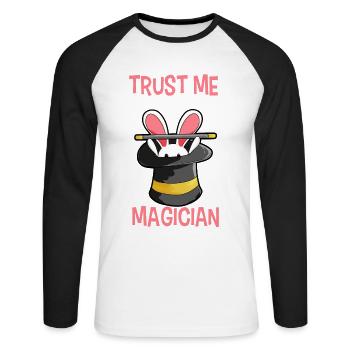 Magician Magier Zauberer Hase Zylinder Zauberstab - Unisex Baseballshirt langarm - Weiß/Schwarz - Vorne - Nik (191cm)