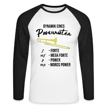 Lustiges Posaune Design, Dynamik eines Posaunisten - Unisex Baseballshirt langarm - Weiß/Schwarz - Vorne - Nik (191cm)