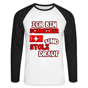 Schweiz Flagge. Ich bin Schweizer und stolz drauf. - Unisex Baseballshirt langarm - Weiß/Schwarz - Vorne - Nik (191cm)