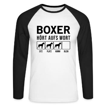 Boxer - Hört aufs Wort - lustiges Hunde Geschenk - Unisex Baseballshirt langarm - Weiß/Schwarz - Vorne - Nik (191cm)