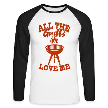 Grill Lieben Mich BBQ Barbecue Grillen Geschenk - Unisex Baseballshirt langarm - Weiß/Schwarz - Vorne - Nik (191cm)