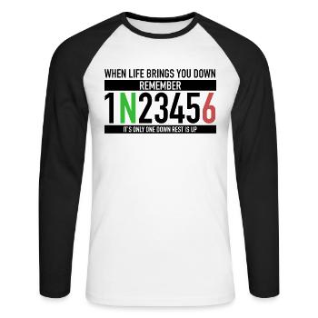 1N23456 Motorcycle Circuit One Down Rest Is Up - Unisex Long Sleeve Baseball T-Shirt - white/black - Front - Nik (191cm)