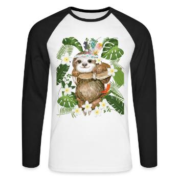 Hippie Sloth Jungle Frangipani Australia - Unisex Long Sleeve Baseball T-Shirt - white/black - Front - Nik (191cm)
