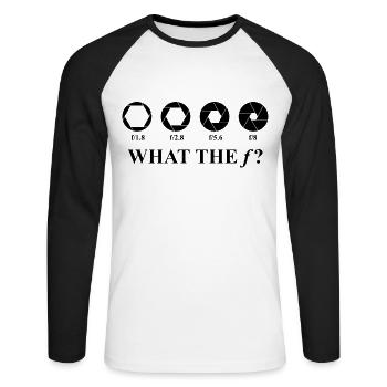 Funny Sayings What The F? Photographer gift - Unisex Long Sleeve Baseball T-Shirt - white/black - Front - Nik (191cm)