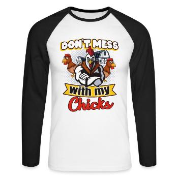 Poulets Poulailler Plaisir - T-shirt baseball manches longues Homme - blanc/noir - Devant - Nik (191cm)