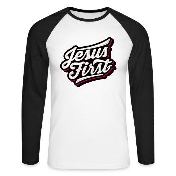 Jésus Premier Pray Prier Dieu foi religion - T-shirt baseball manches longues Homme - blanc/noir - Devant - Nik (191cm)