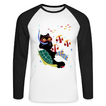 Cat Turtle Dive Fish Sea Gift - Unisex Long Sleeve Baseball T-Shirt - white/black - Front - Nik (191cm)