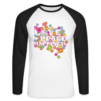 Hippie - Love Peace Happiness - Liebe Frieden - Unisex Baseballshirt langarm - Weiß/Schwarz - Vorne - Nik (191cm)