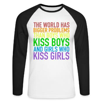 The World Has Bigger Problems | Gay Pride Lesbian - Unisex Long Sleeve Baseball T-Shirt - white/black - Front - Nik (191cm)