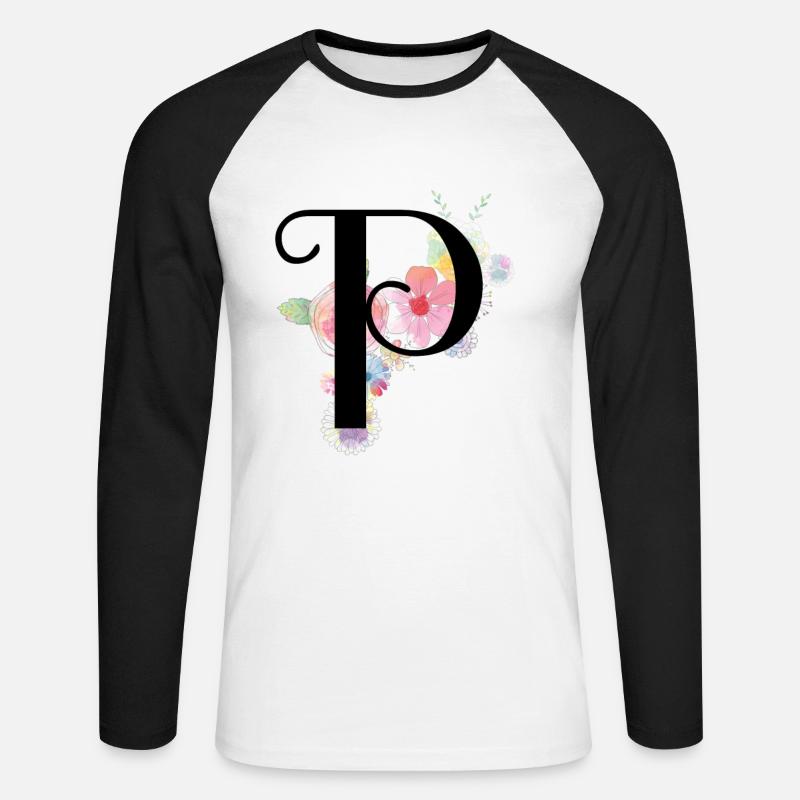 Monogramm Buchstabe P mit Pastellblüten - Unisex Baseballshirt langarm - Weiß/Schwarz