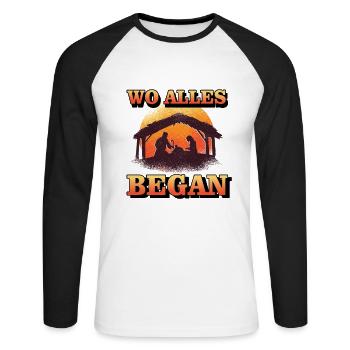 Wo Alles Began - Weihnachten Krippe Geburt Christ - Unisex Baseballshirt langarm - Weiß/Schwarz - Vorne - Nik (191cm)