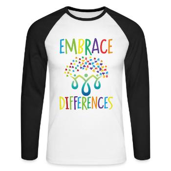 Embrace differences Autisme Handicap Compréhension - T-shirt baseball manches longues Homme - blanc/noir - Devant - Nik (191cm)