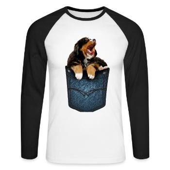 Bernese Mountain Dog puppy in breast pocket as a shirt - Unisex Long Sleeve Baseball T-Shirt - white/black - Front - Nik (191cm)