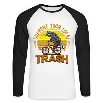 Lustiger retro Müll Waschbär auf Fahrrad - Unisex Baseballshirt langarm - Weiß/Schwarz - Vorne - Nik (191cm)