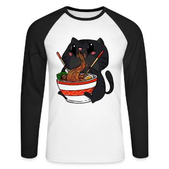 Anime Kawaii Chats Ramen nouilles chat manga - T-shirt baseball manches longues Homme - blanc/noir - Devant - Nik (191cm)