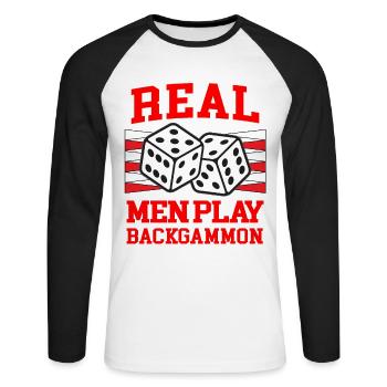 REAL MEN PLAY BACKGAMMON Brettspiel Humor - Unisex Baseballshirt langarm - Weiß/Schwarz - Vorne - Nik (191cm)