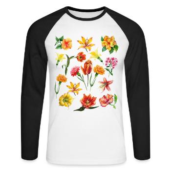 Botanical Orange Yellow Flower Power Wildflower - Unisex Long Sleeve Baseball T-Shirt - white/black - Front - Nik (191cm)