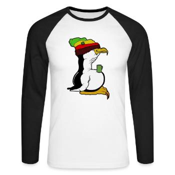 Pause café pingouin Linux Rasta Informatik PC Nerd - T-shirt baseball manches longues Homme - blanc/noir - Devant - Nik (191cm)