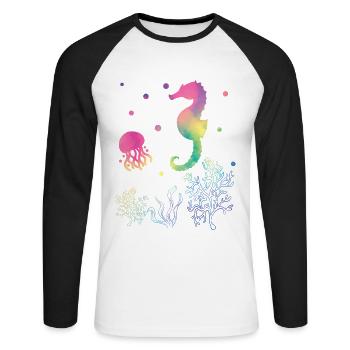 Hippocampe et méduse couleurs arc-en-ciel - T-shirt baseball manches longues Homme - blanc/noir - Devant - Nik (191cm)