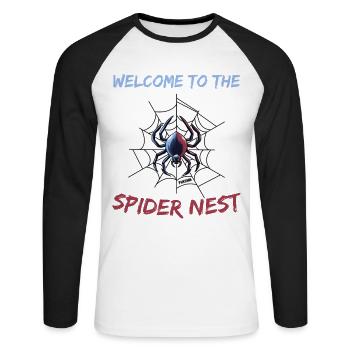 Spinne im Spinnennetz - Unisex Baseballshirt langarm - Weiß/Schwarz - Vorne - Nik (191cm)