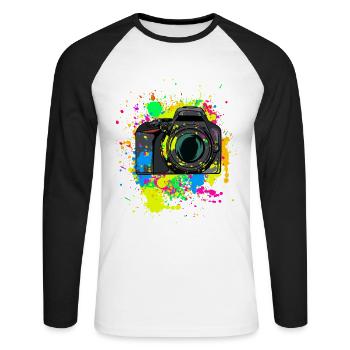 Cadeau d’appareil photo coloré pour les photographes Éclaboussures de couleur - T-shirt baseball manches longues Homme - blanc/noir - Devant - Nik (191cm)