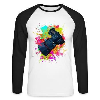 tolle Kamera mit Objektiv in Farbkleckse Geschenk - Unisex Baseballshirt langarm - Weiß/Schwarz - Vorne - Nik (191cm)