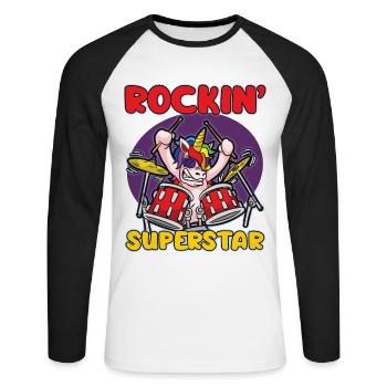 Humour de batteur de licorne rocker ROCKIN SUPERSTAR - T-shirt baseball manches longues Homme - blanc/noir - Devant - Nik (191cm)