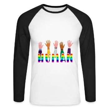 We Are All Human Gegen Rassismus - Unisex Baseballshirt langarm - Weiß/Schwarz - Vorne - Nik (191cm)