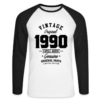Millésime 1990 Né en 1990 Anniversaire rétro - T-shirt baseball manches longues Homme - blanc/noir - Devant - Nik (191cm)