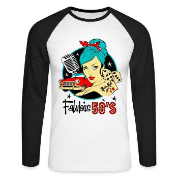 Rockabilly Pin Up Girl 50er Jahre Socken Hop Retro Vintage - Unisex Baseballshirt langarm - Weiß/Schwarz - Vorne - Nik (191cm)