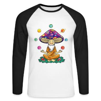 Champignon drôle avec des planètes de yoga et système solaire - T-shirt baseball manches longues Homme - blanc/noir - Devant - Nik (191cm)