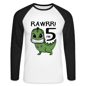 5. Geburtstag Dinosaurier - 5. Klasse Geschenk - Unisex Baseballshirt langarm - Weiß/Schwarz - Vorne - Nik (191cm)