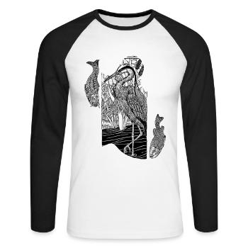 Pêche sur le lac, hérons dans les roseaux avec poissons - T-shirt baseball manches longues Homme - blanc/noir - Devant - Nik (191cm)
