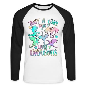 Nur ein Mädchen, das Drachen liebt - Unisex Baseballshirt langarm - Weiß/Schwarz - Vorne - Nik (191cm)