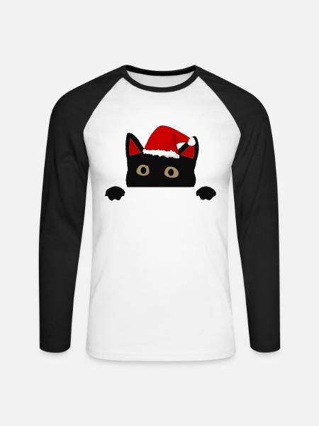 katze mit weihnachtsmütze - Unisex Baseballshirt langarm - Weiß/Schwarz