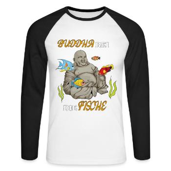 Buddha bei die Fische Plattdeutsch Spruch - Unisex Baseballshirt langarm - Weiß/Schwarz - Vorne - Nik (191cm)