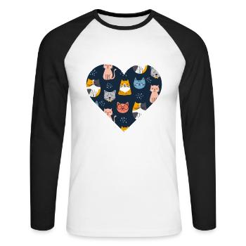 Herz Katzen Muster / Katzenliebhaber / Valentinstag - Unisex Baseballshirt langarm - Weiß/Schwarz - Vorne - Nik (191cm)