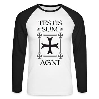 Crusader Cross + Testis Sum Agni - Unisex Long Sleeve Baseball T-Shirt - white/black - Front - Nik (191cm)