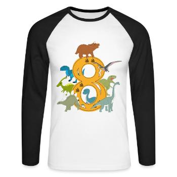Birthday 8 Year Old Dinosaur Dino 8th Birthday - Unisex Long Sleeve Baseball T-Shirt - white/black - Front - Nik (191cm)