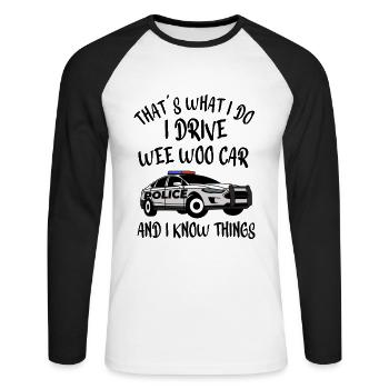 POLICE / COP / OFFICER : Wee Woo Car - T-shirt baseball manches longues Homme - blanc/noir - Devant - Nik (191cm)