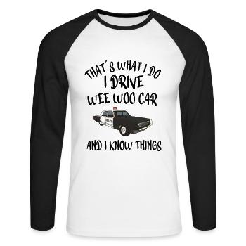 POLICE / COP / OFFICER: Wee Woo Car - Unisex Long Sleeve Baseball T-Shirt - white/black - Front - Nik (191cm)