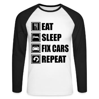 EAT SLEEP FIX CARS REPEAT KFZ Mechaniker Werkstatt - Unisex Baseballshirt langarm - Weiß/Schwarz - Vorne - Nik (191cm)