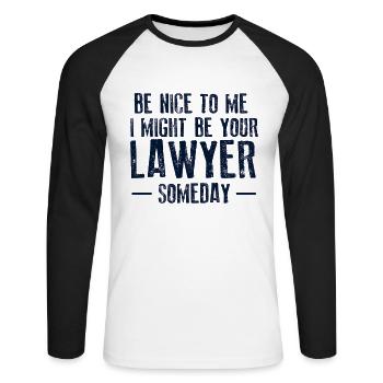 Sois gentil à moi, Je pourrais être ton avocat - T-shirt baseball manches longues Homme - blanc/noir - Devant - Nik (191cm)